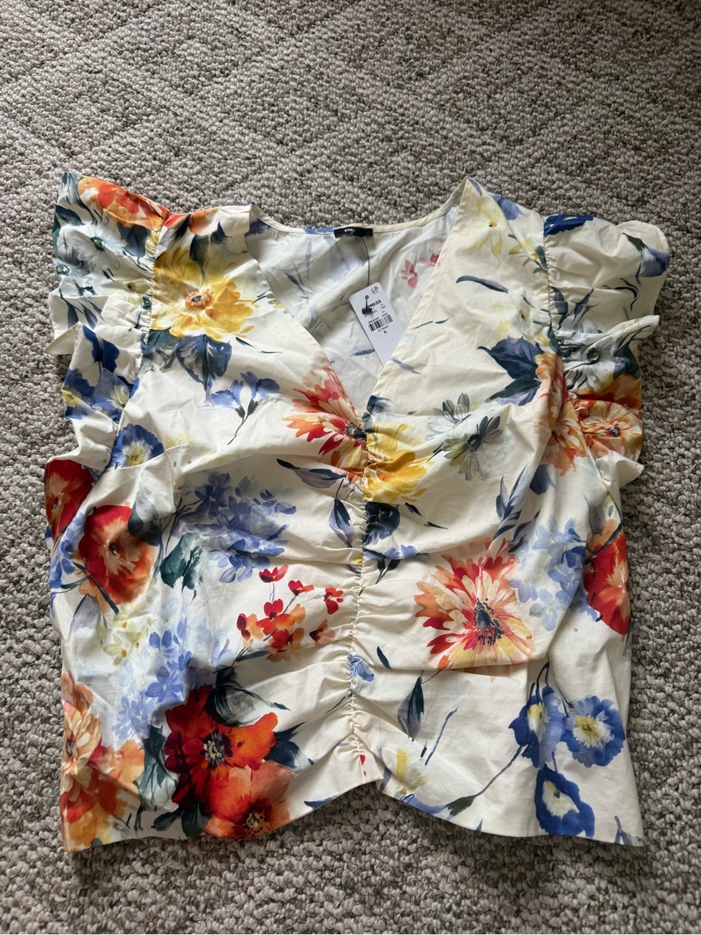 Express Cream Floral Ruched V-Neck Blouse